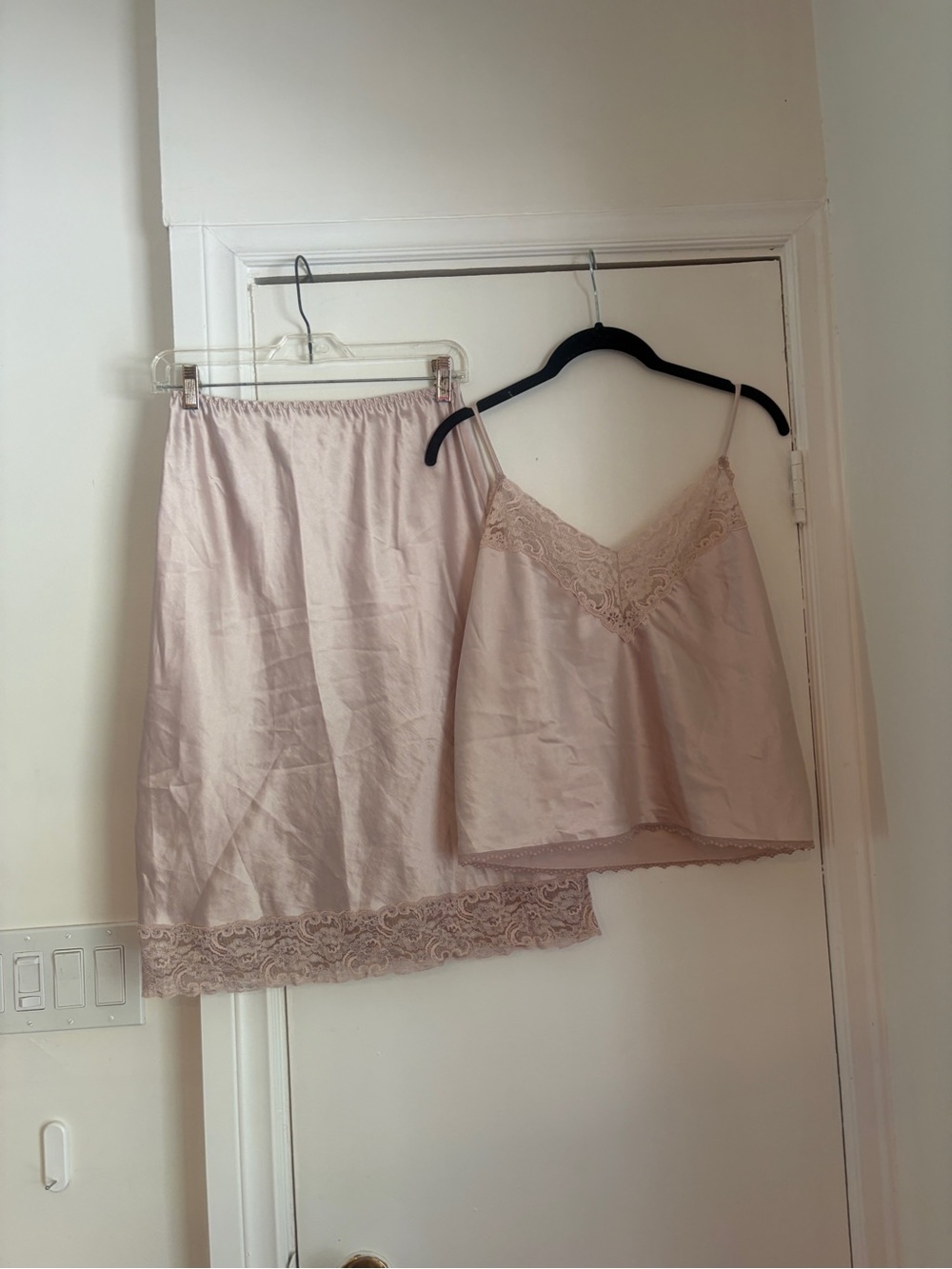 Vintage Silk Lace Trim Cami & Slip Skirt Set - Blush Pink